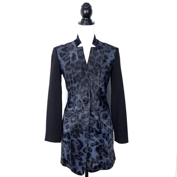 Per Se Carlisle Blue Leopard Print Genuine Fur & Black Ponte Knit Jacket Size 0 - Picture 1 of 8